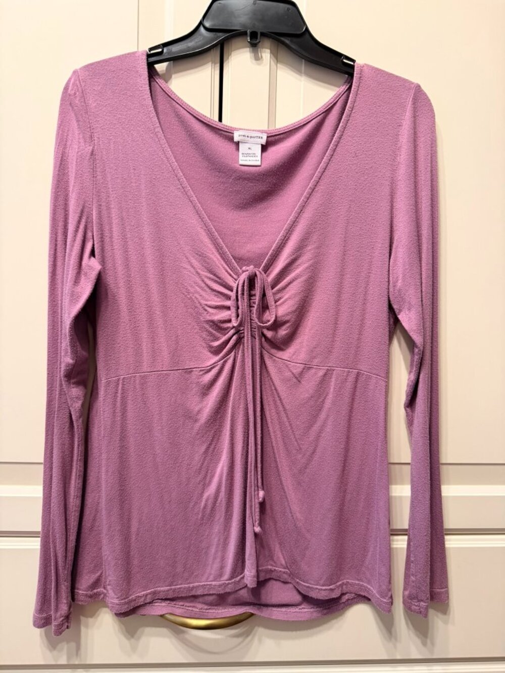 PRET-A-PORTEE Women’s Lavender Ruched Tie-Neck Long Sleeve Blouse (Size XL)